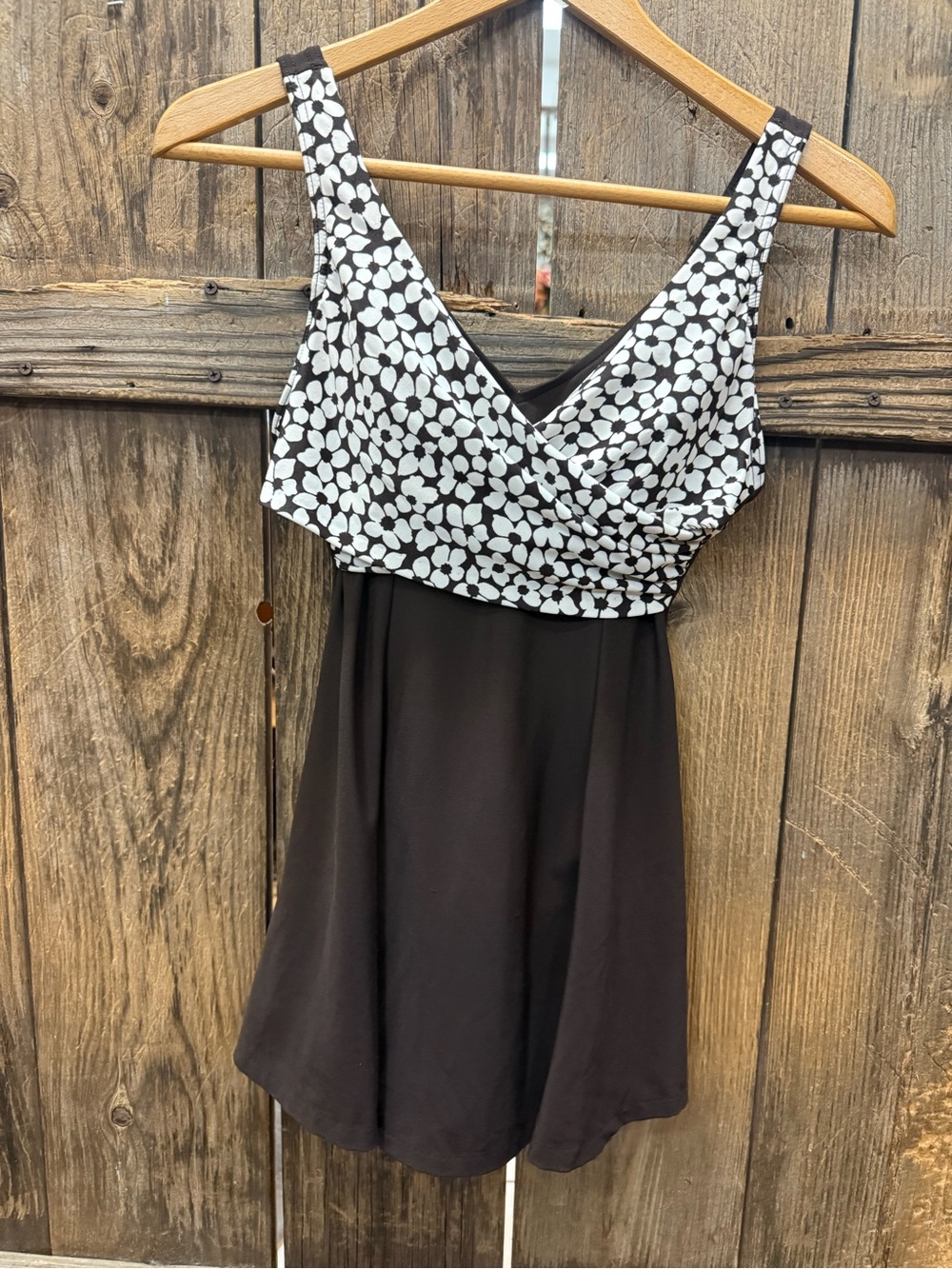Black Floral-Print One-Piece Swimdress with V-Neck
